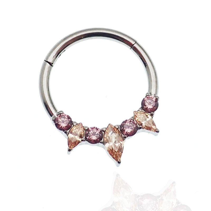 Magpie Champagne and Pink Titanium 16g hinged clicker with a sleek, modern design for body piercing jewelry.