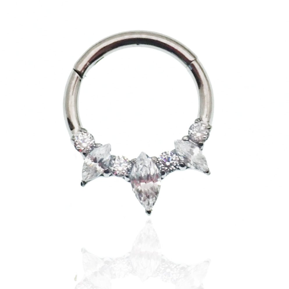 Clear CZ titanium hinged clicker earring in 16g size by Magpie, with a sleek, transparent design and secure hinged closure.
