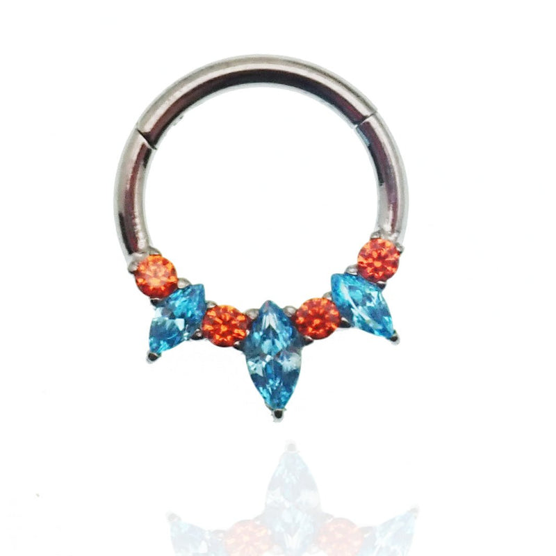 Teal and orange titanium hinged clicker 16g by Magpie, with 8mm diameter, designed for body jewelry and piercing accessories.