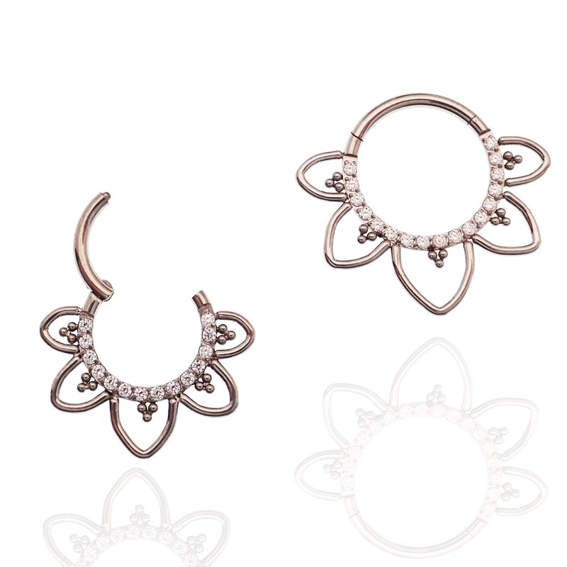 Hinged CZ filigree titanium clicker earring in 16g with intricate design, by Magpie, suitable for piercings