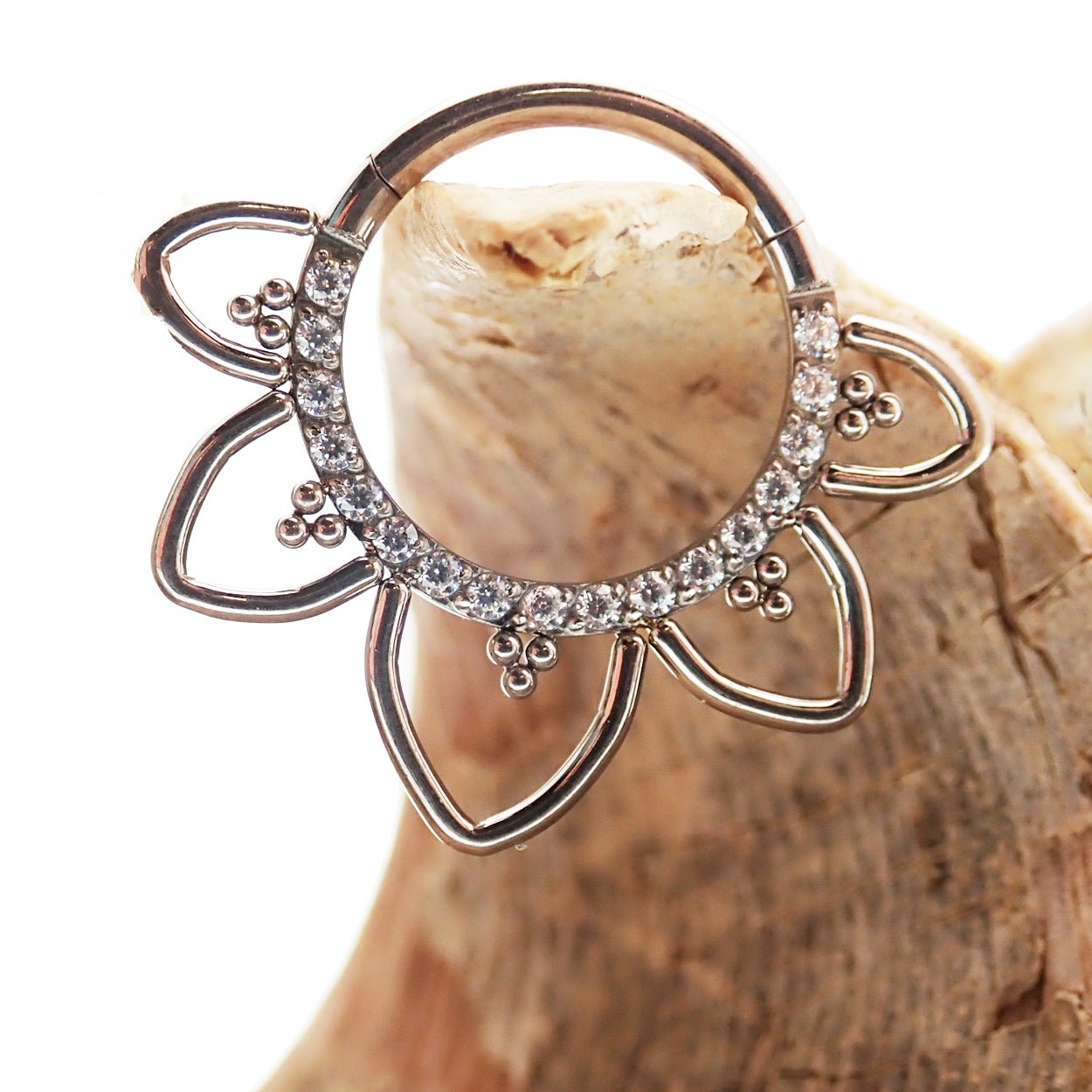 Magpie CZ Filigree Titanium Hinged Clicker 16g earring with intricate filigree design and secure hinge closure.