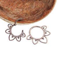 Magpie CZ Filigree Titanium Hinged Clicker in 16g for body piercing, featuring intricate filigree design and secure hinged closure.
