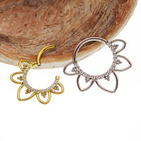 Magpie CZ filigree titanium hinged clicker earring in 16g, showcasing intricate metalwork and secure hinge closure.