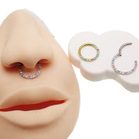 Magpie pastel opal titanium hinged clicker in 8mm and 10mm, 16g, with forward-facing design for ear piercing jewelry.