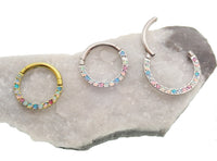 Magpie pastel opal titanium hinged clicker earring, 8mm and 10mm sizes, 16g, forward-facing design with a hinged closure.