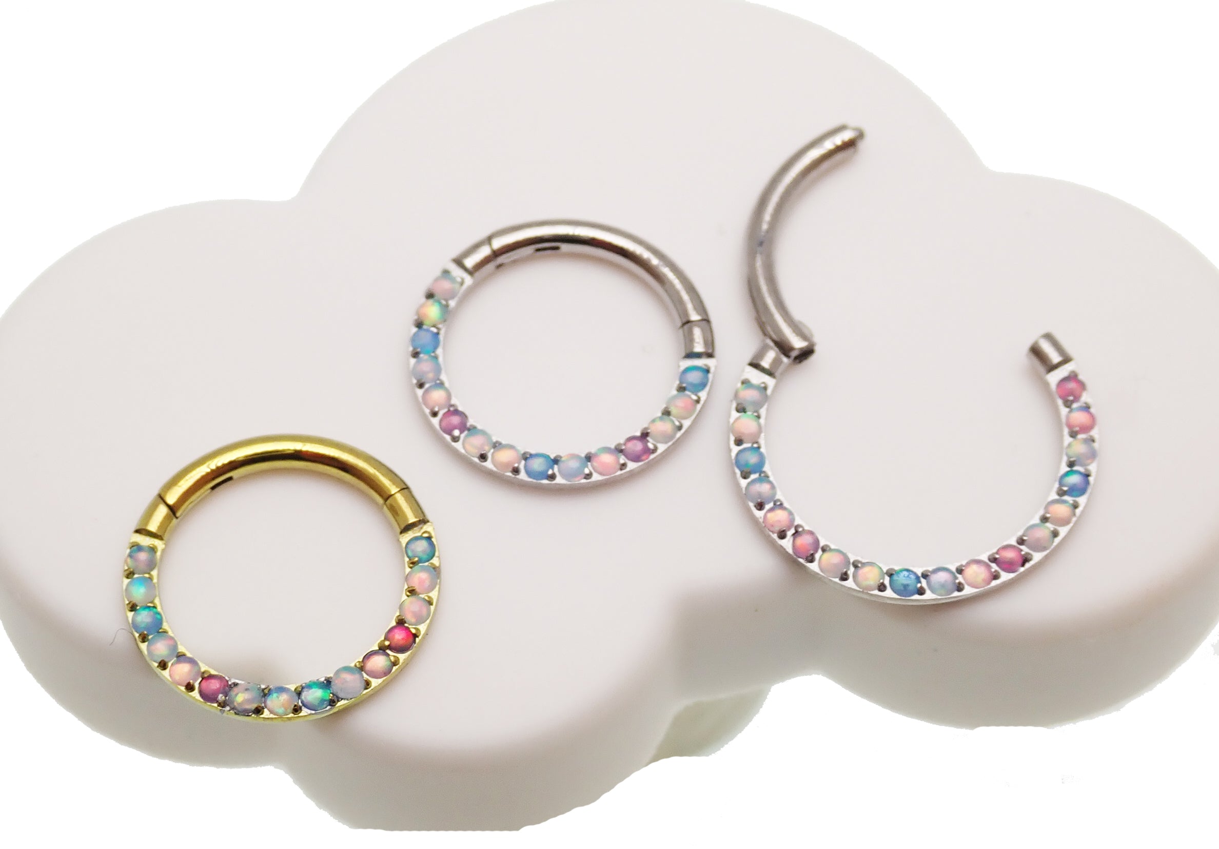 Magpie pastel opal titanium hinged clicker with 8mm and 10mm forward-facing design, 16g body jewelry for body piercing.