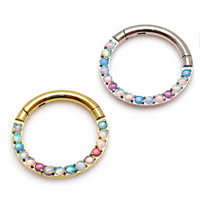 Magpie pastel opal titanium hinged clicker, 8mm and 10mm, 16g, forward-facing jewelry for body piercing.