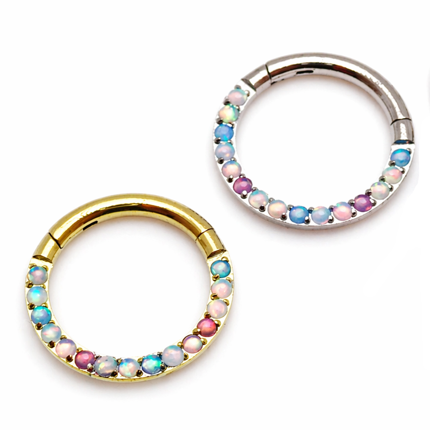 Magpie pastel opal titanium hinged clicker, 8mm and 10mm, 16g, forward-facing jewelry for body piercing.