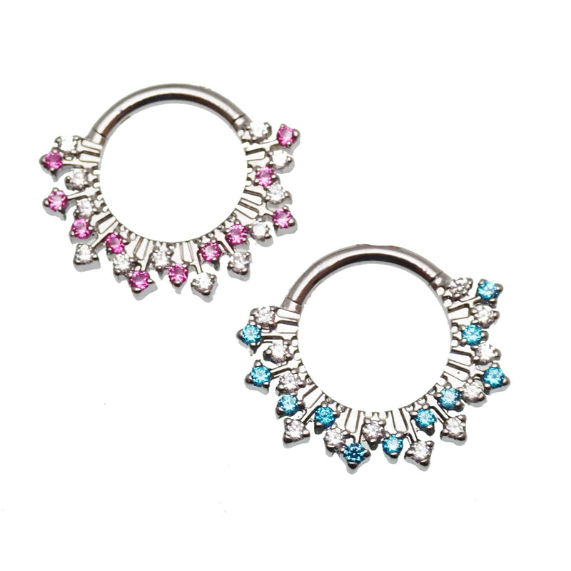 Magpie 16g Titanium Sunburst CZ Hinged Clicker in 8mm and 10mm sizes, featuring a vibrant sunburst design and sparkling cubic zirconia accents.
