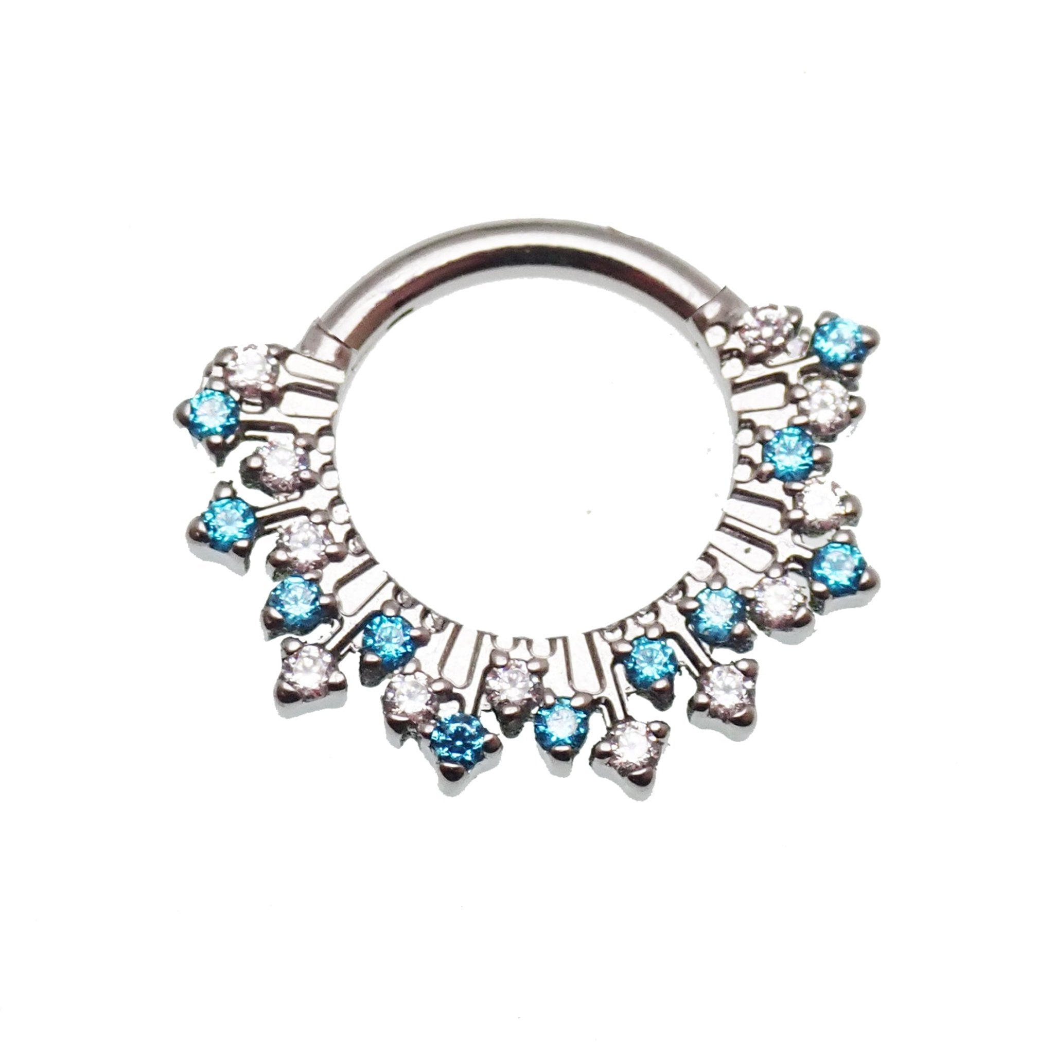 Magpie 16g titanium Sunburst CZ hinged clicker earrings in blue with 8mm and 10mm sizes, featuring a vibrant sunburst design.