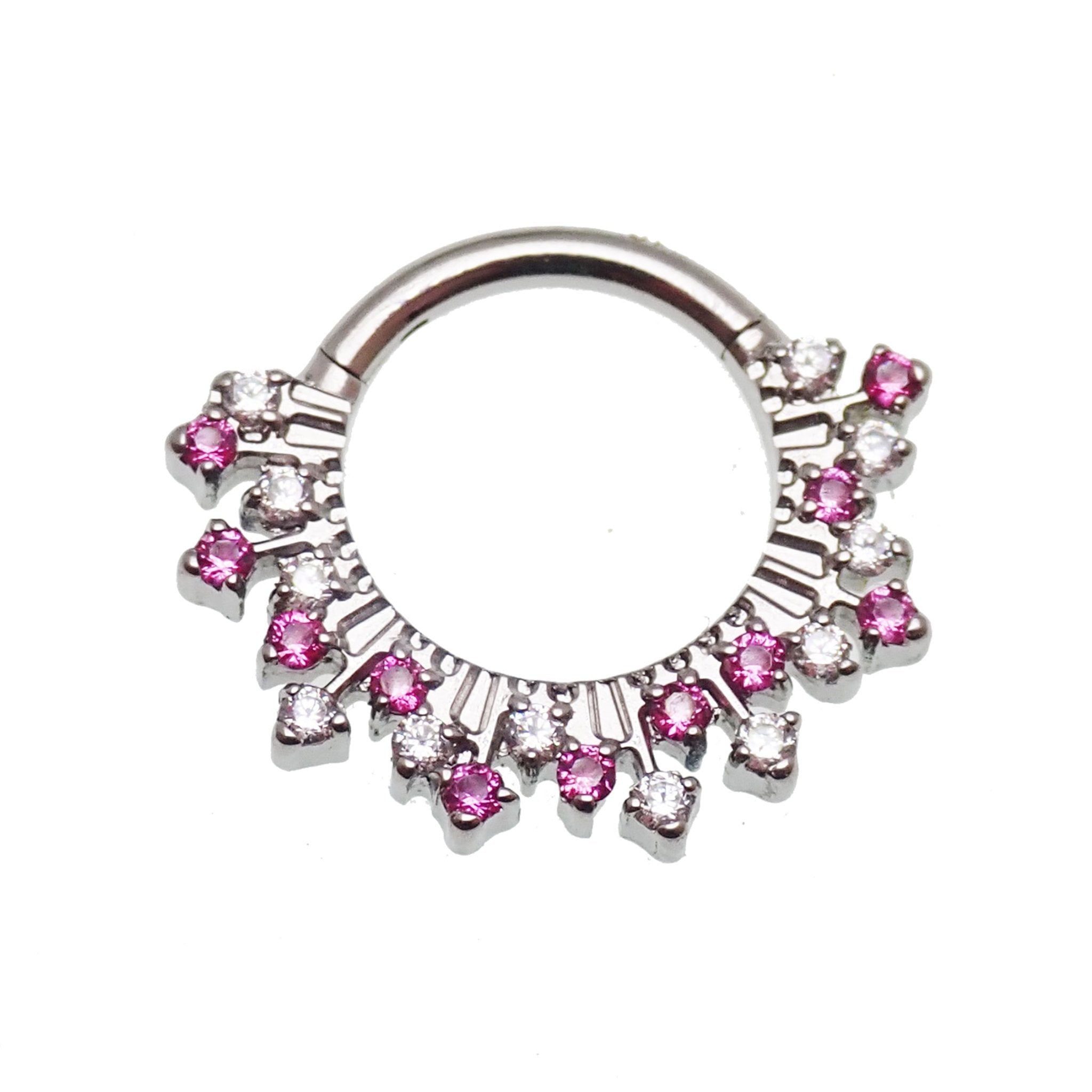 Magpie 16g titanium sunburst pink hinged clicker with CZ stones, 8mm or 10mm size for body jewelry piercing.
