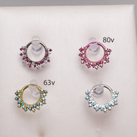Magpie 16g titanium sunburst hinged clicker with colorful CZ stones, 8mm and 10mm sizes, for body piercing jewelry.