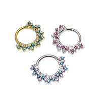 Magpie 16g titanium sunburst CZ hinged clicker with 8mm and 10mm sizes, featuring a vibrant sunburst design for body piercing.