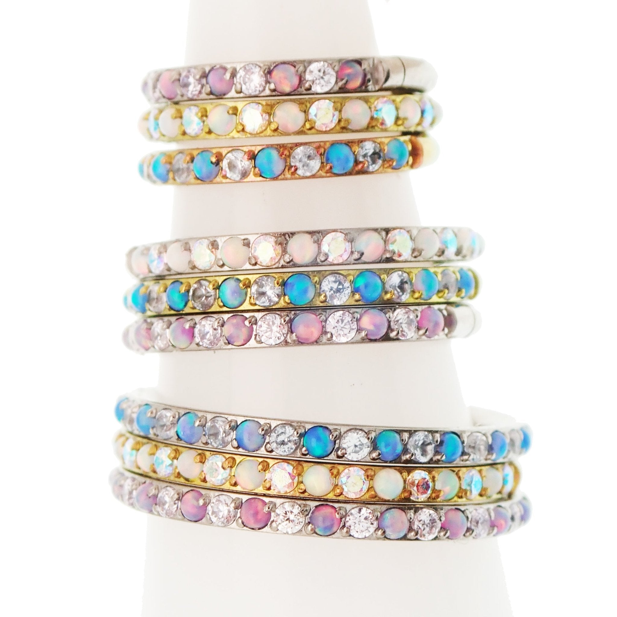 Magpie 16g titanium hinged clicker hoop with opal and CZ stones in 8mm, 10mm, and 12mm sizes.