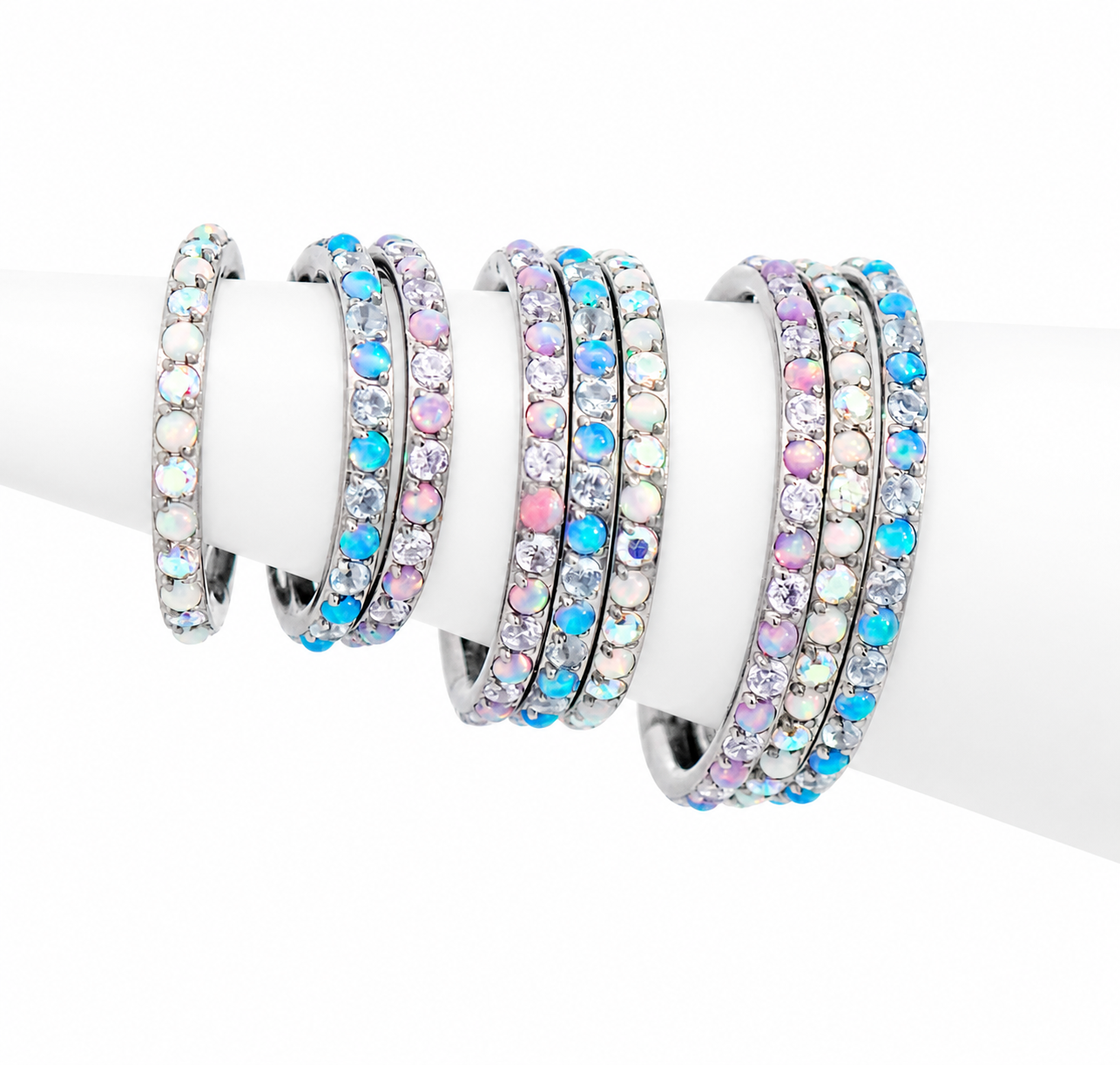 Magpie 16g titanium hinged clicker hoop with opal and CZ stones, available in 8mm, 10mm, and 12mm sizes.