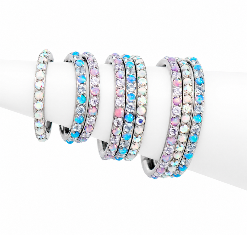 Magpie 16g titanium hinged clicker hoop with opal and CZ stones, available in 8mm, 10mm, and 12mm sizes.