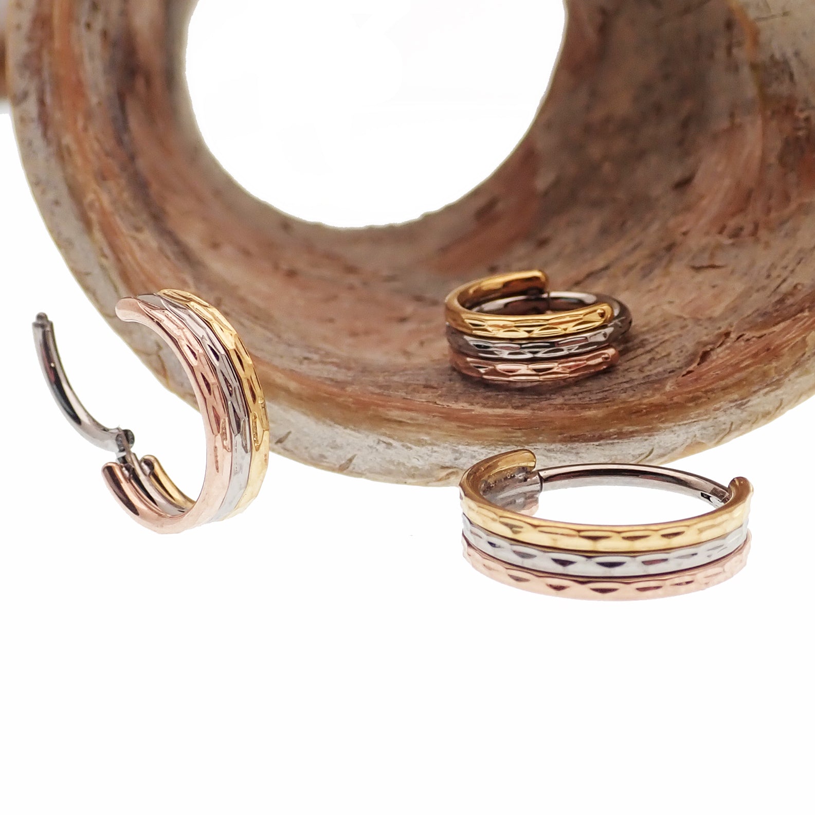 Hammered Trio metal septum clicker by Magpie, 8mm stacked steel jewelry with hammered finish, 16g gauge.