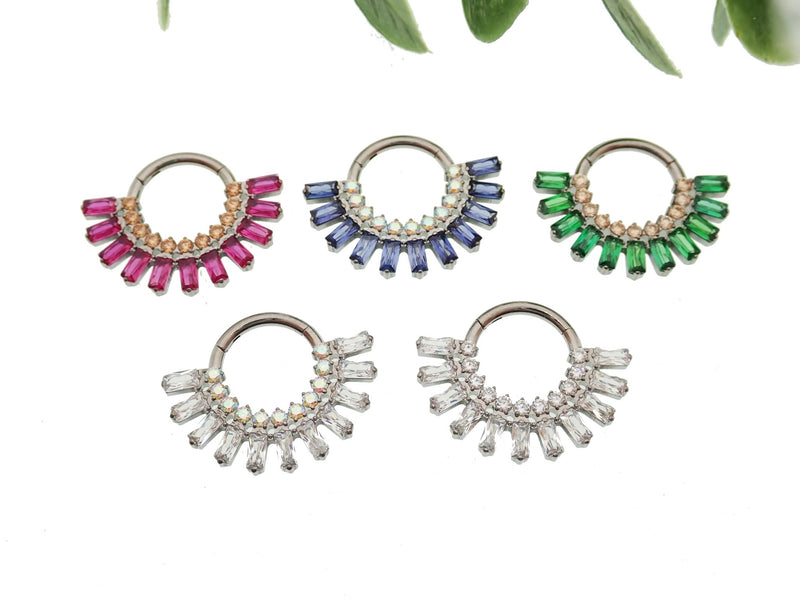 Magpie Super Nova CZ Titanium Septum Clicker in cerise champagne, 16g with 8mm diameter jewelry.