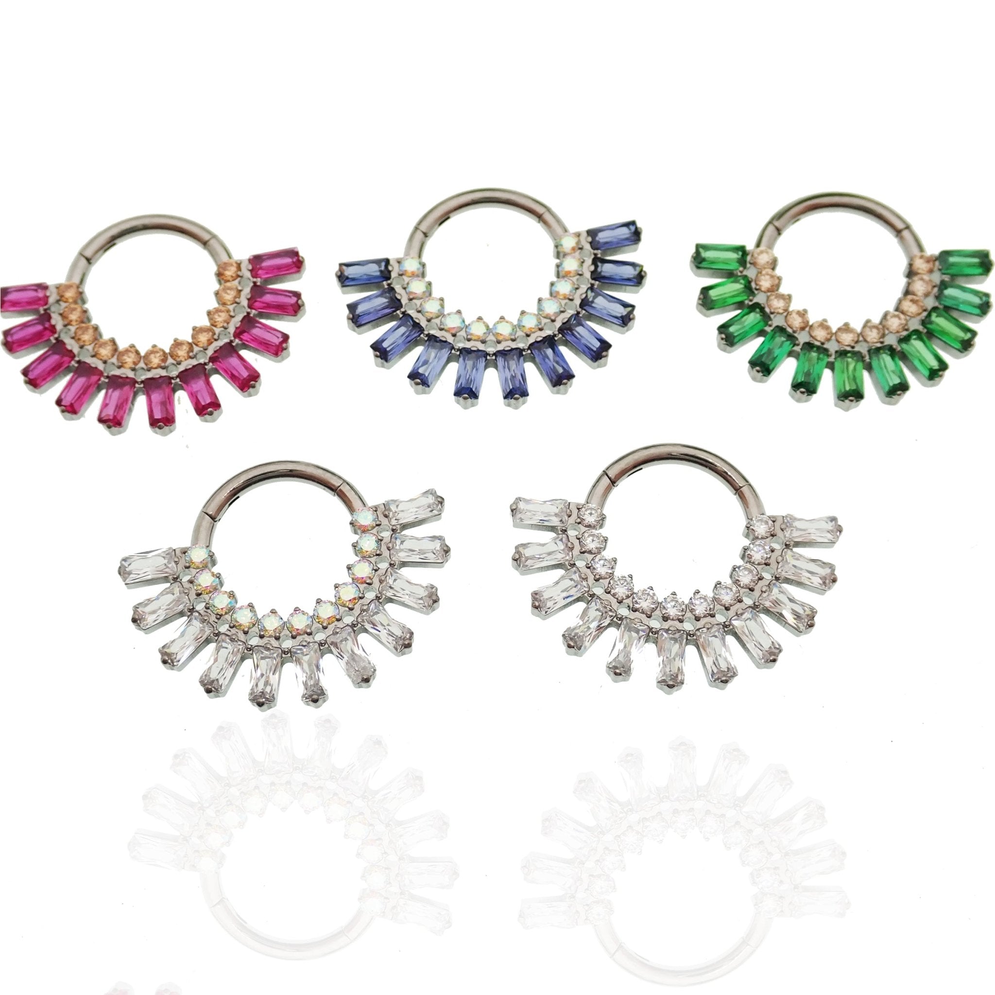 Magpie Super Nova CZ titanium septum clicker in cerise champagne, 16g with 8mm diameter, featuring colorful gemstone accents.