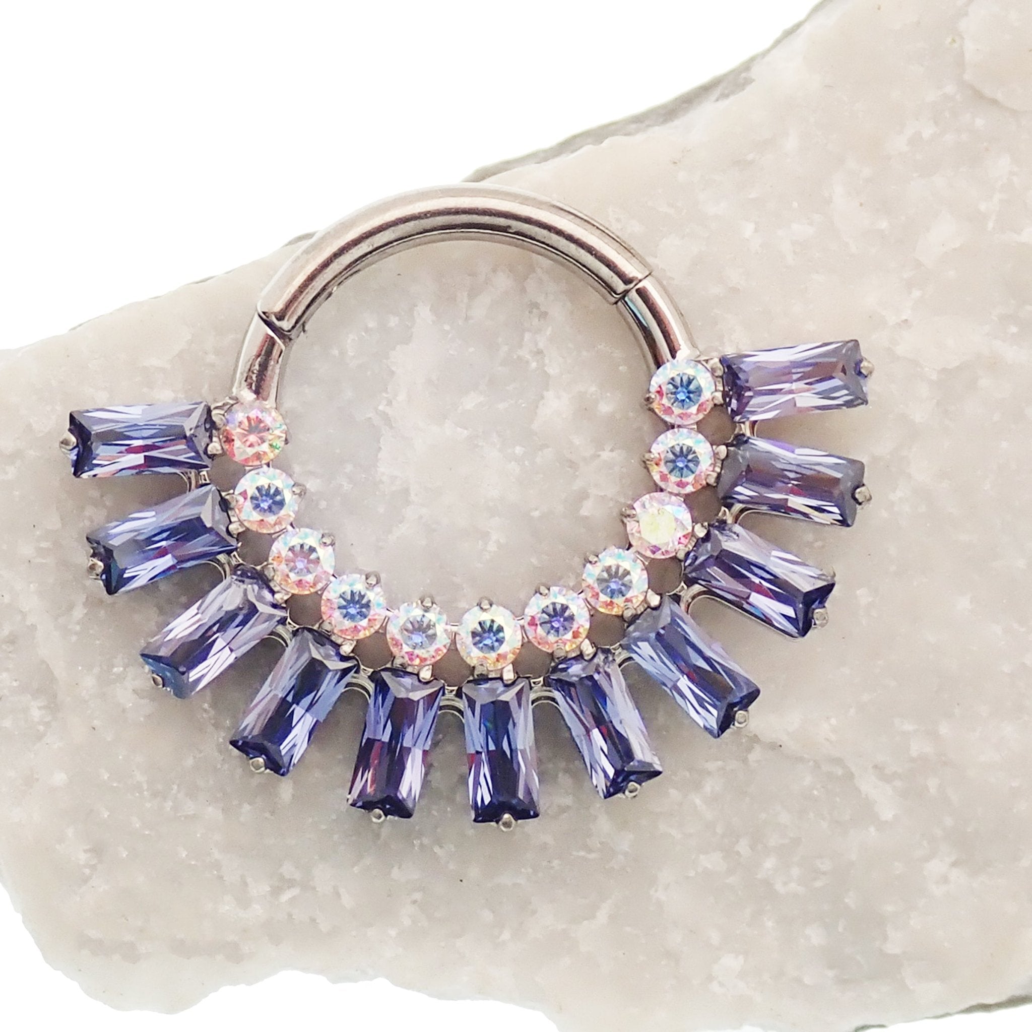 Amethyst and AB titanium septum clicker jewelry by Magpie, 16g with purple gemstone and decorative design.