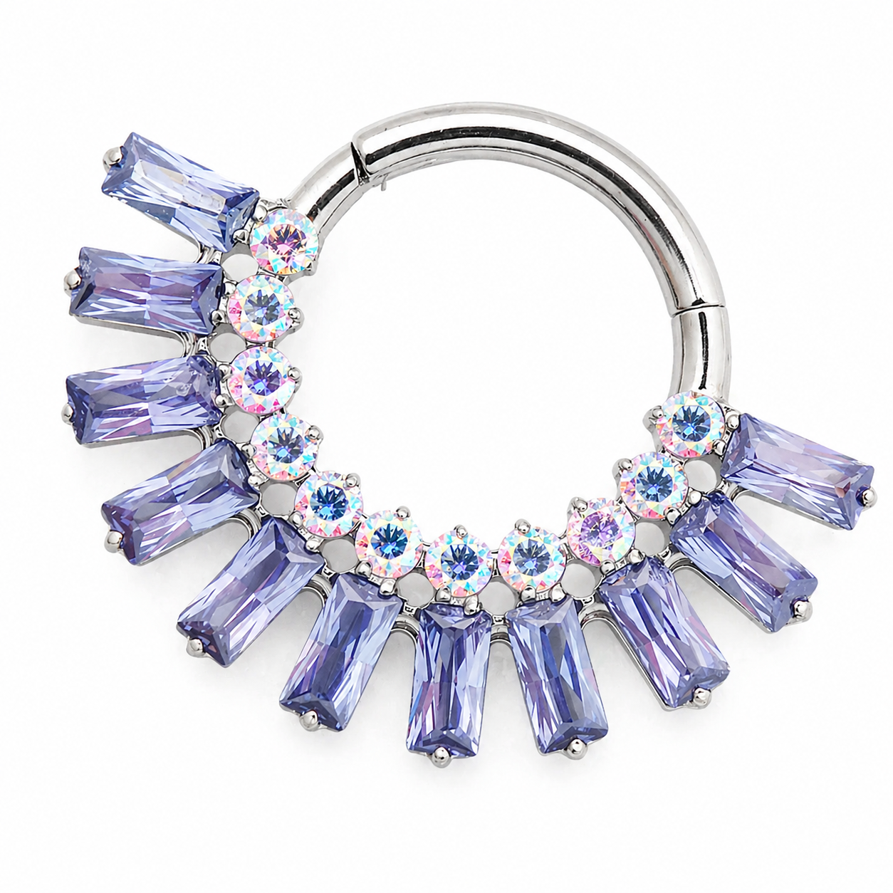 Amethyst and AB titanium septum clicker jewelry by Magpie, 16g with purple gem and silver-tone design.