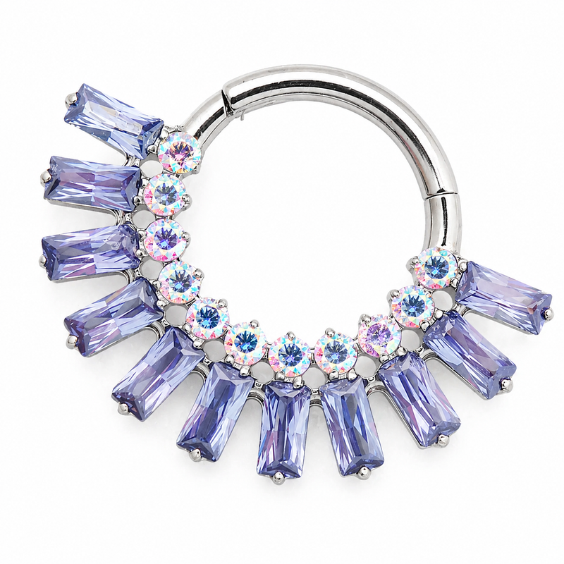 Amethyst and AB titanium septum clicker jewelry by Magpie, 16g with purple gem and silver-tone design.
