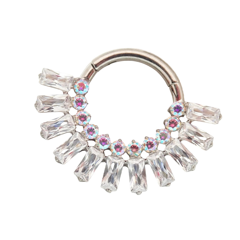 Clear and AB titanium septum clicker 16g by Magpie, featuring a sleek, minimalist design with a secure click closure.