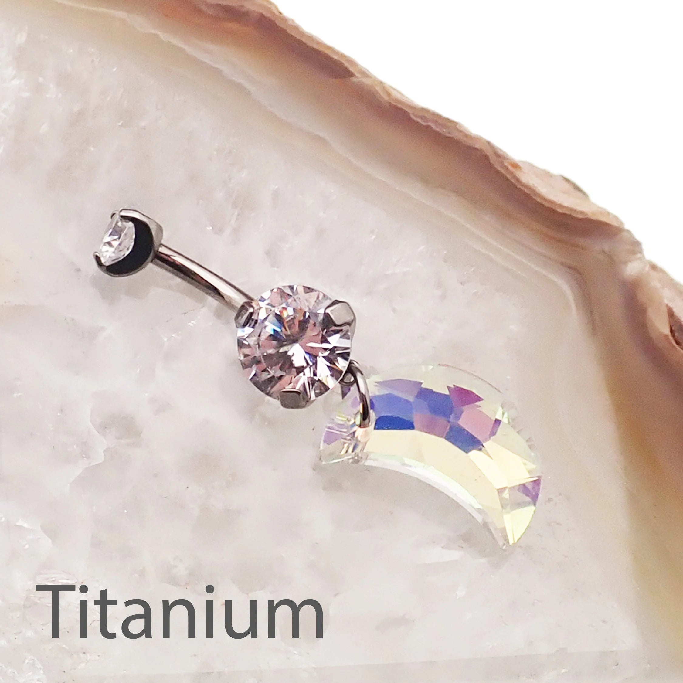Titanium moon dangly belly ring, 14g, with a hanging moon design, by Magpie, perfect for belly piercing jewelry.