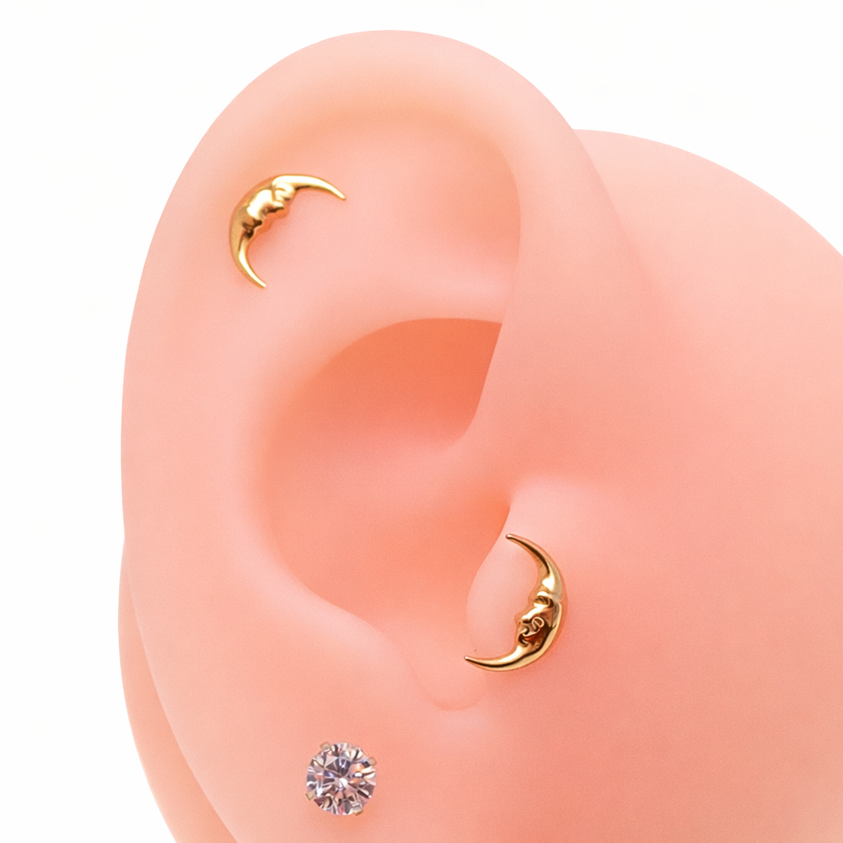 Implant Titanium PVD Gold  Moon Face Flatback Piercing, Internally Threaded 18g, 16g, 14g