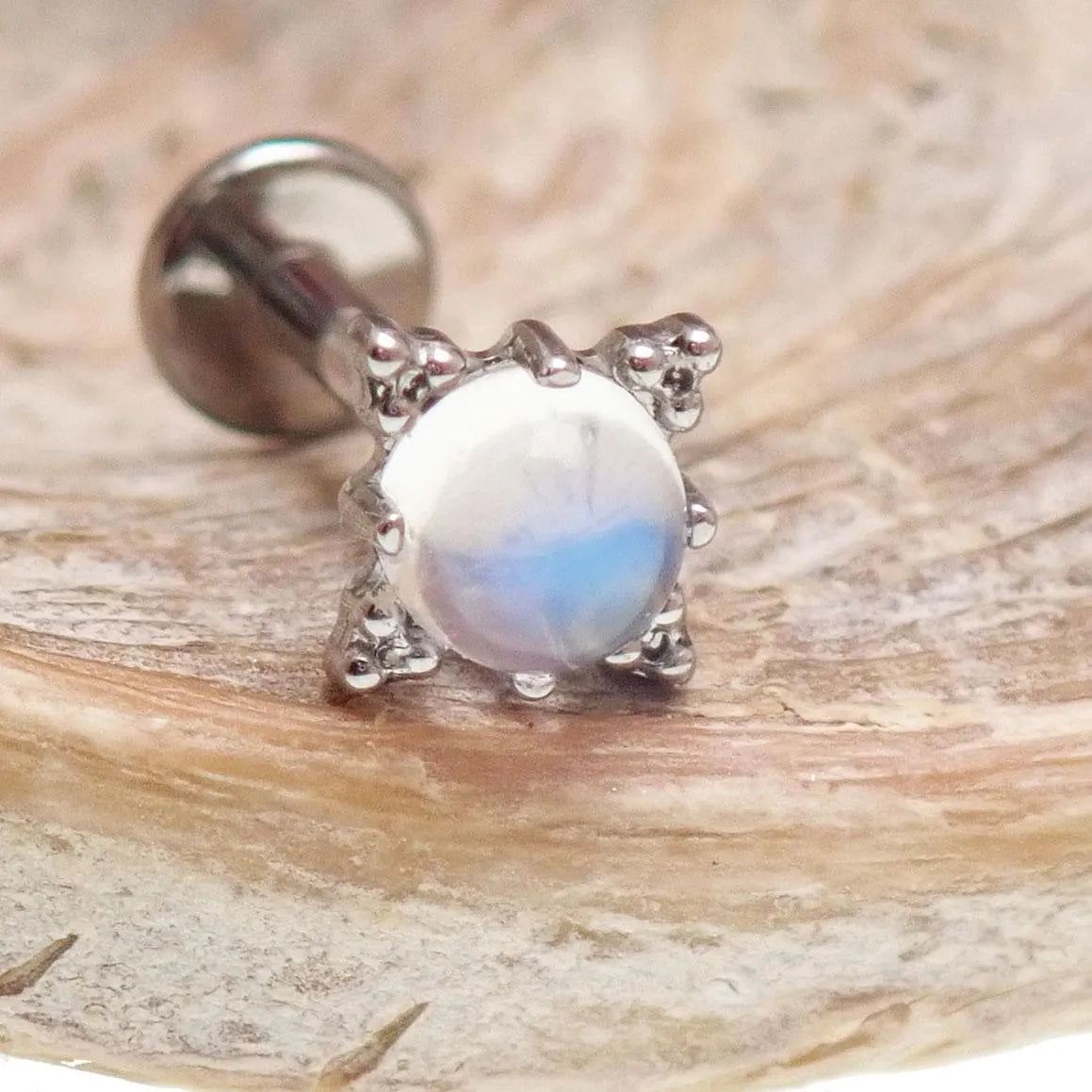 Rainbow Moonstone Implant Titanium Flatback Piercing- Internally threaded