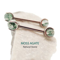 Moss Agate Nipple barbell Piercing 14g,12g - Body Clickers Body Jewelry