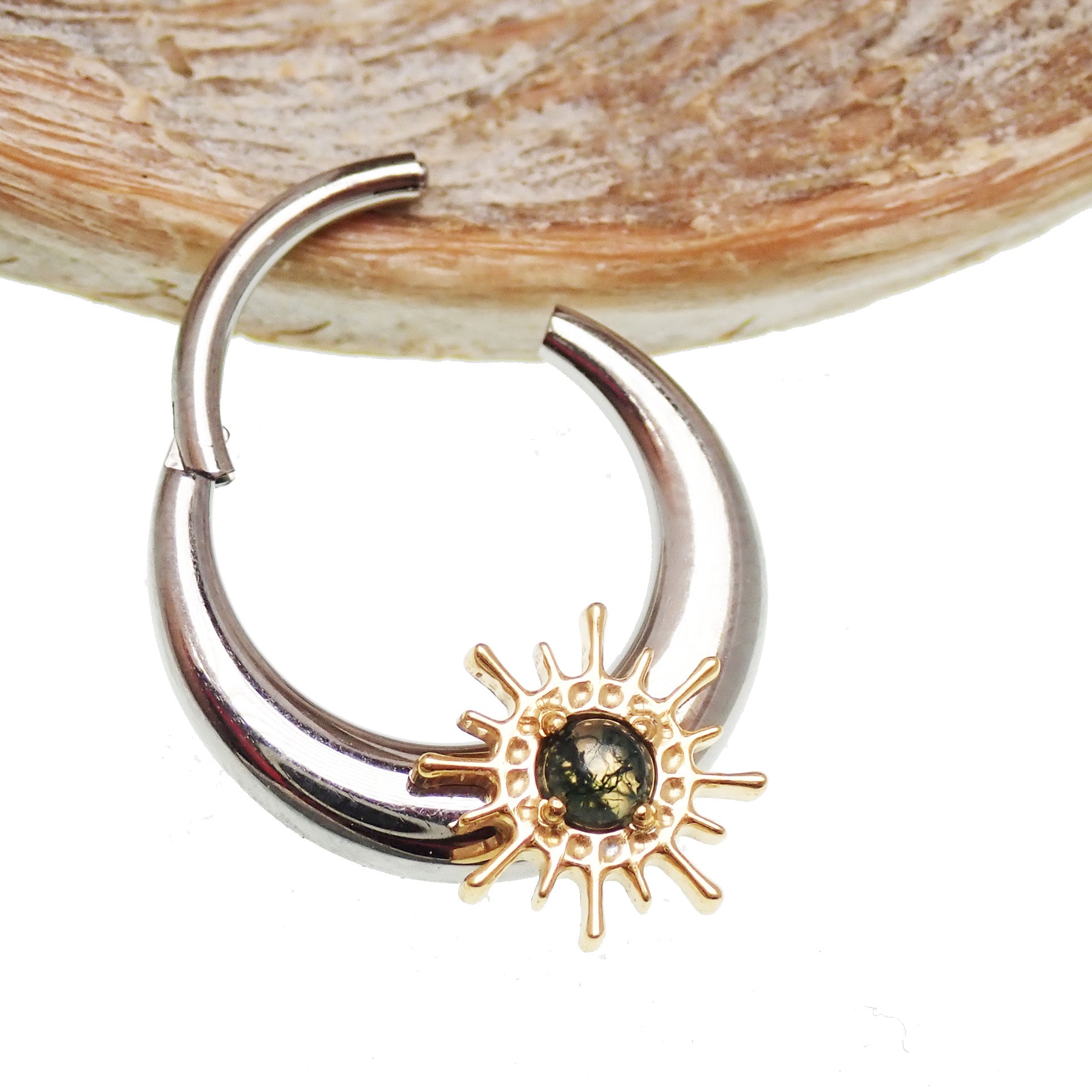 Titanium Sunburst Clicker  Moss Agate – 16G/14G Implant-Grade