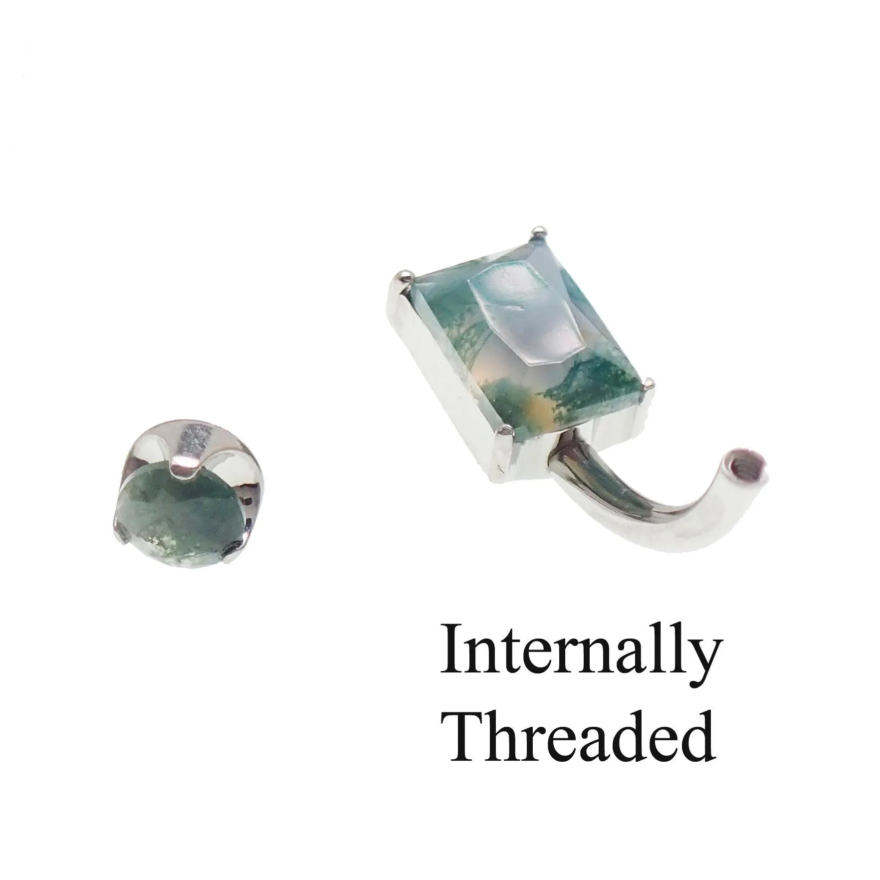 Magpie moss agate belly ring, 14g internally threaded 10mm jewelry with polished green and brown stone, suitable for navel piercing.