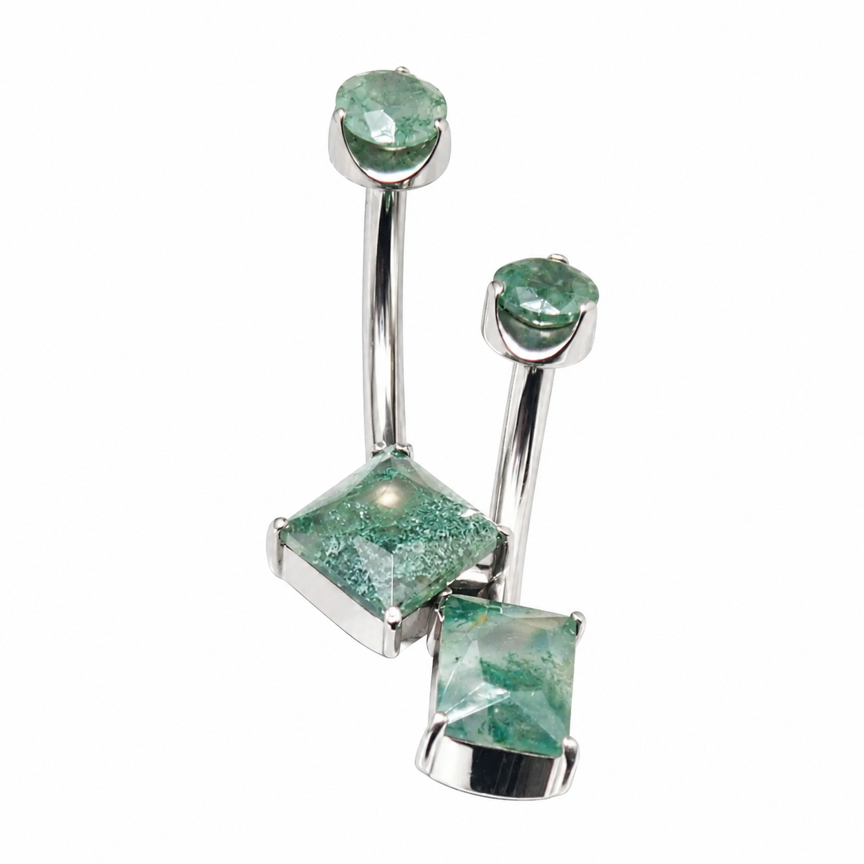 Magpie moss agate belly ring in 14g, 10mm size featuring a polished moss green stone and silver-tone jewelry design.