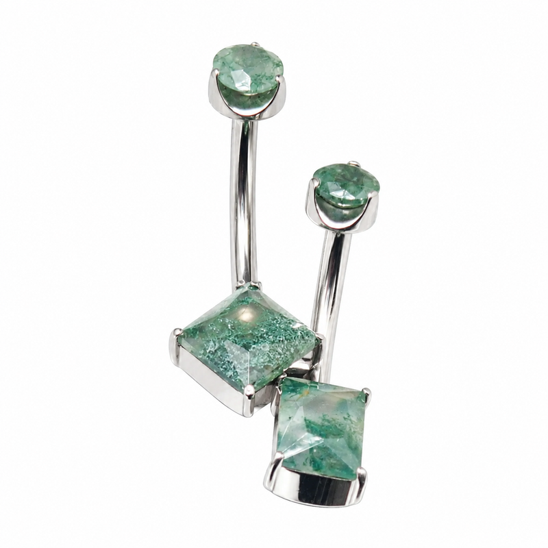 Magpie moss agate belly ring in 14g, 10mm size featuring a polished moss green stone and silver-tone jewelry design.