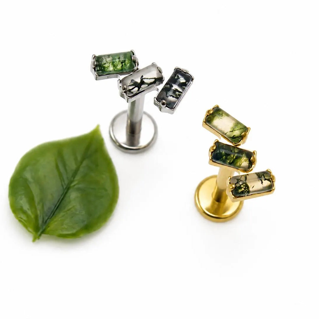Moss Agate Implant Titanium Flatback Piercing 18g, 16g, 14g, helix, Tragus, conch stud