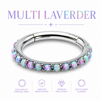 Multicolored opal ring with silver band on a white background