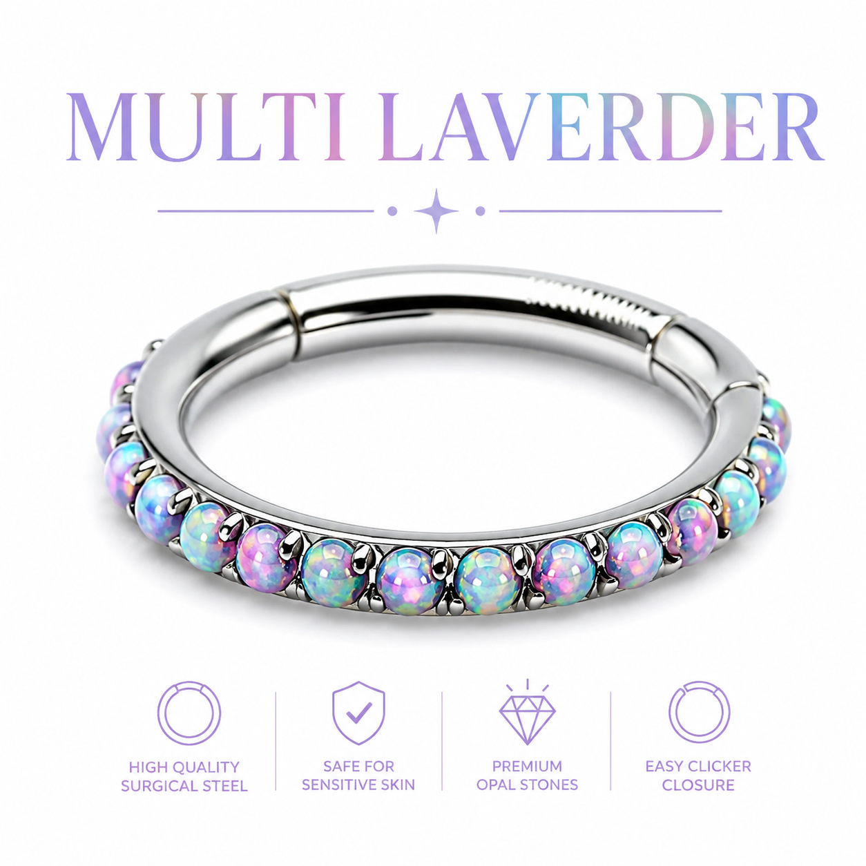 Multicolored opal ring with silver band on a white background