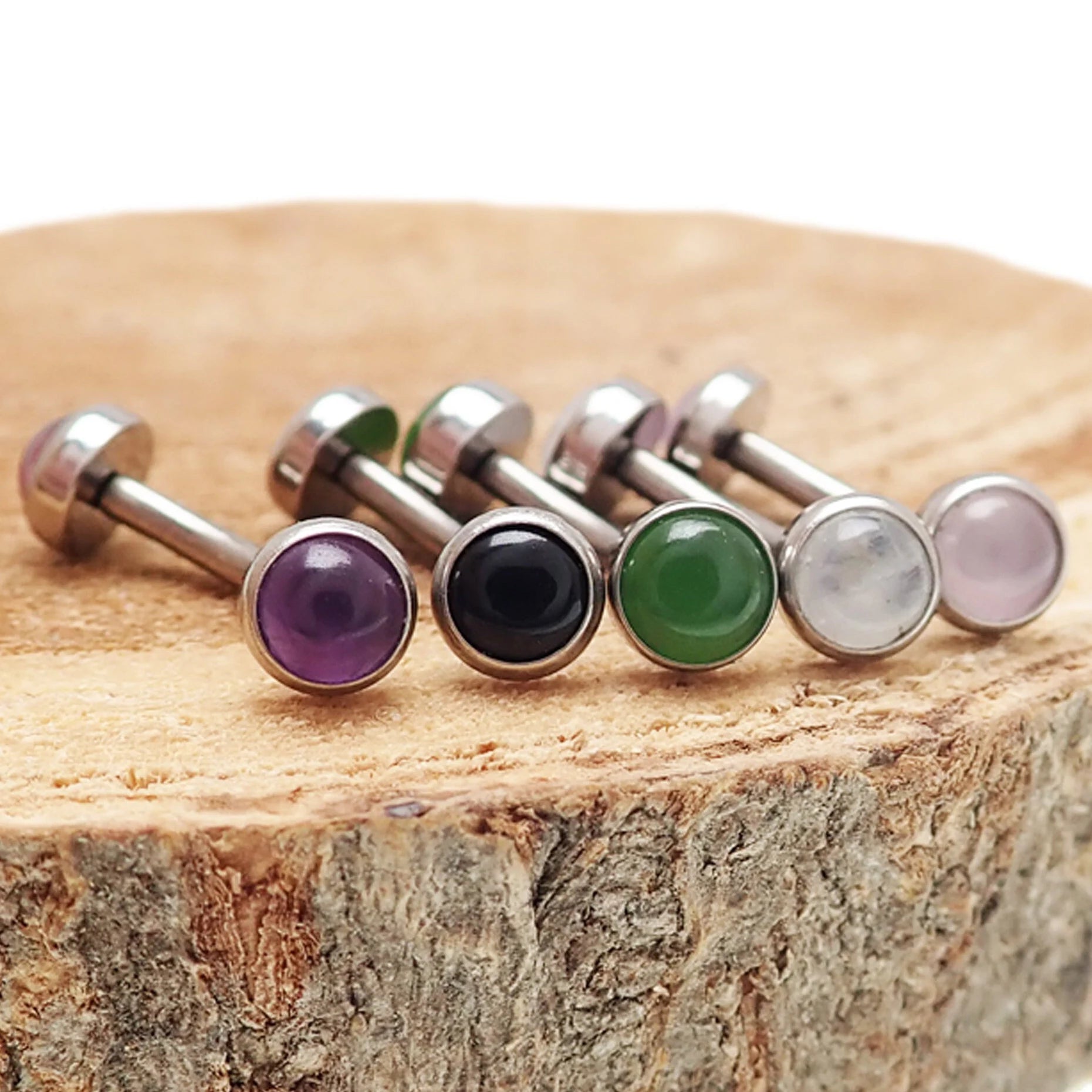 Natural stone titanium push fit curve body jewelry in 14g, 16g, 18g with various stone designs by Body Clickers