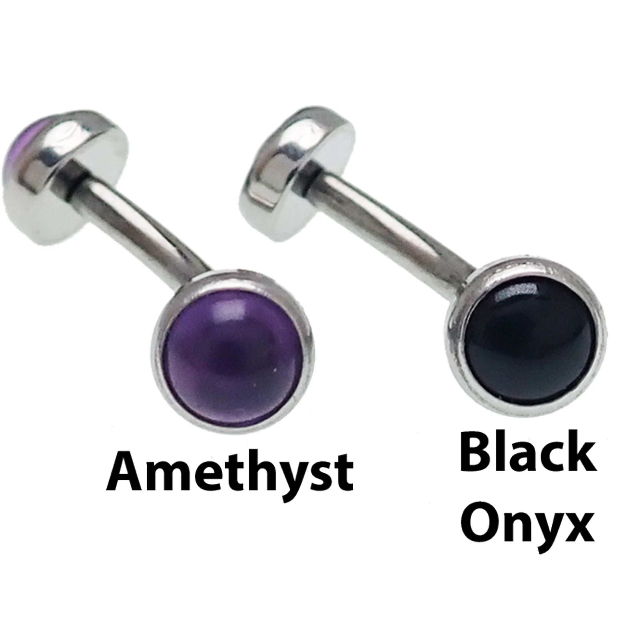 Natural stone titanium push fit curved body jewelry in 14g, 16g, and 18g by Body Clickers featuring amethyst stones.