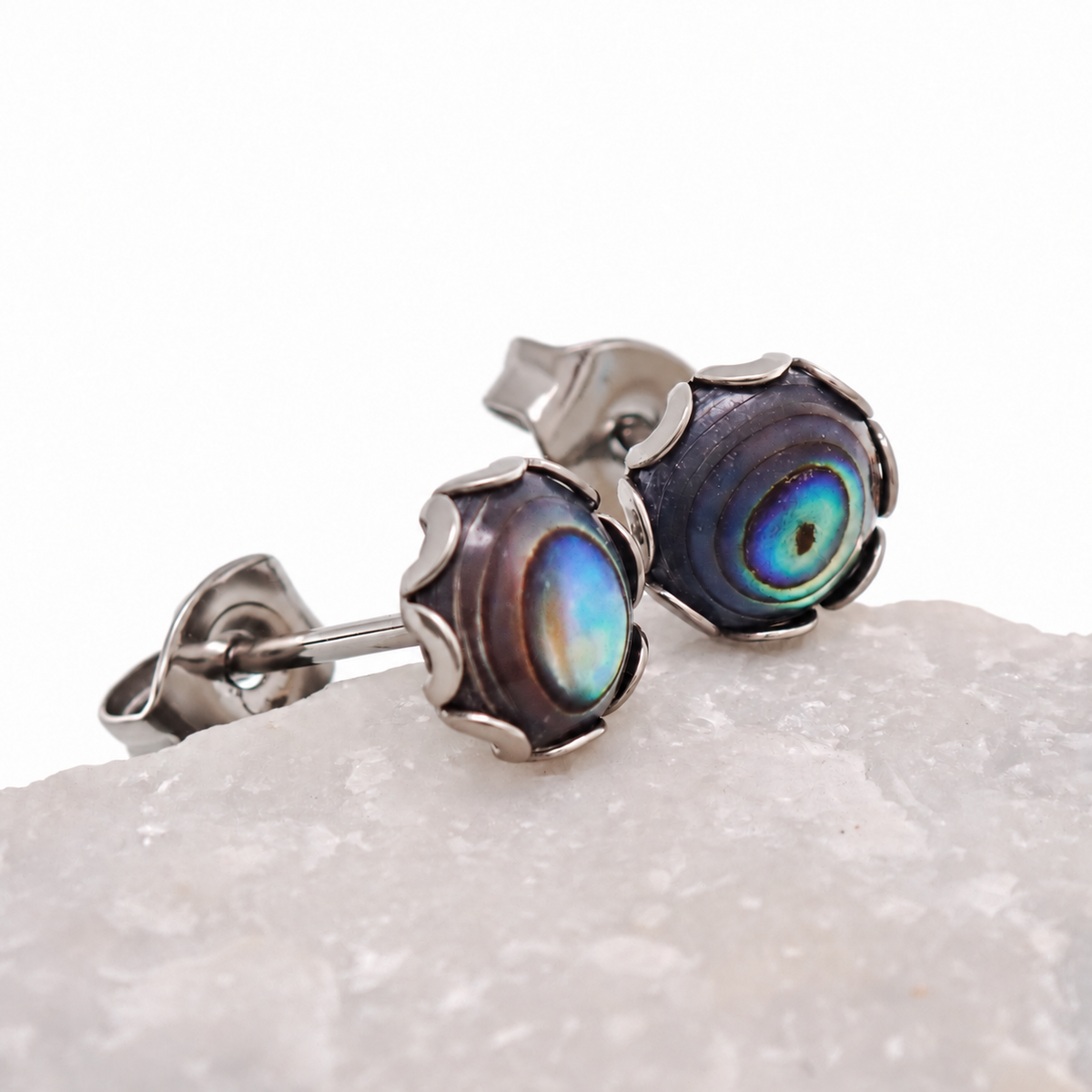 Implant grade Titanium Natural Stone 6mm Round Abalone Shell Earrings- Pair 20g