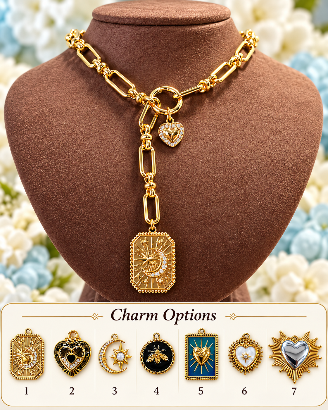 Gold-tone chain necklace displayed on a brown jewelry bust, featuring a large rectangular pendant with a crescent moon design and a small heart charm. Below the bust, a labeled panel shows seven different charm options numbered 1 through 7.