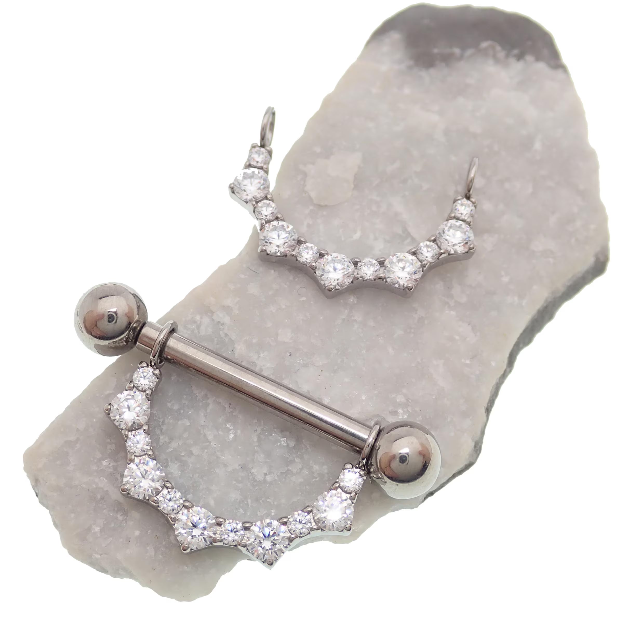 Titanium CZ shield nipple ring barbell by Body Clickers Body Jewelry, push fit, internally threaded, 14mm or 16mm length.