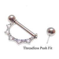 Titanium CZ shield nipple ring barbell by Body Clickers, 14mm or 16mm push fit internally threaded nipple jewelry with clear gem.