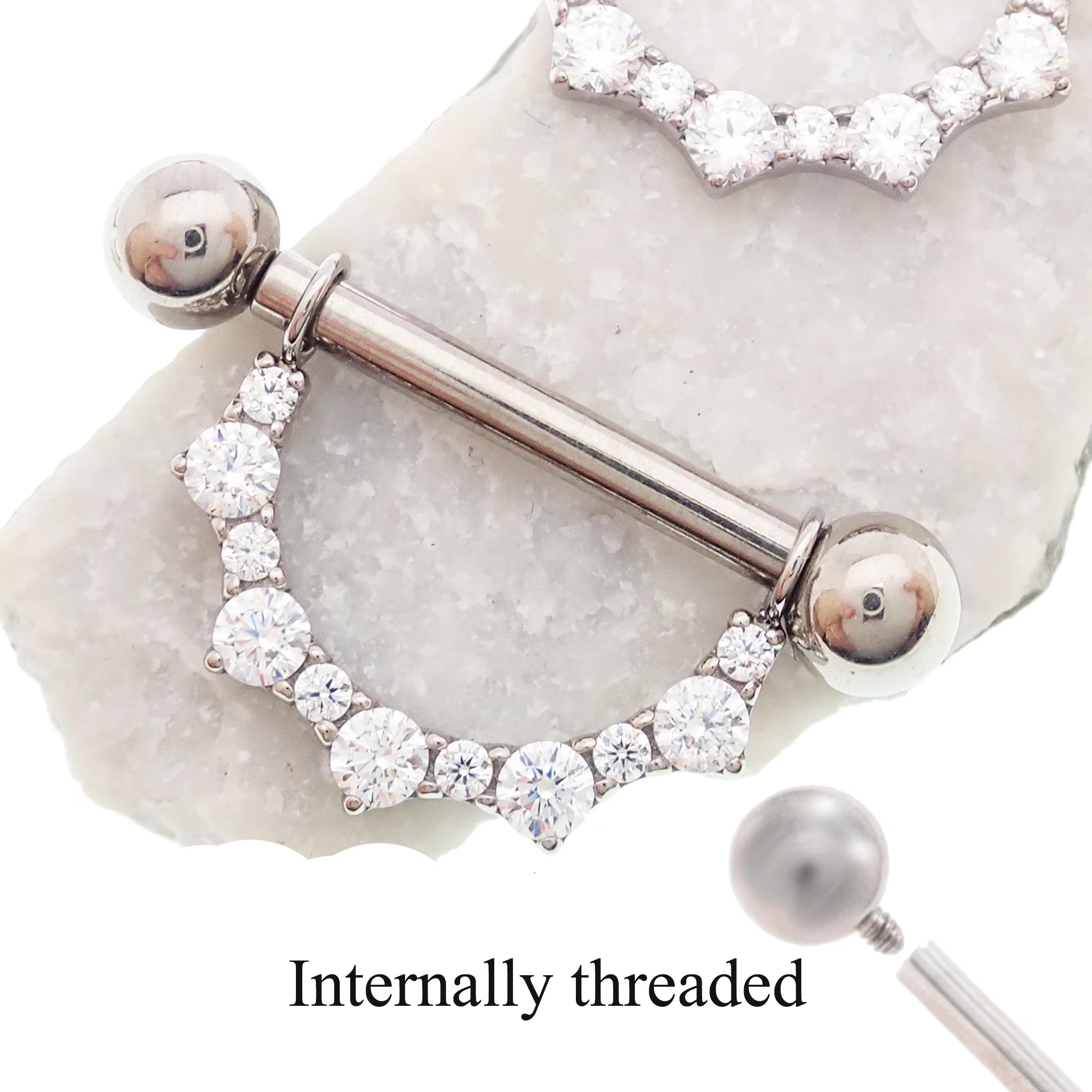Titanium CZ shield nipple ring barbell by Body Clickers Body Jewelry, push fit, internally threaded, 14mm or 16mm length.