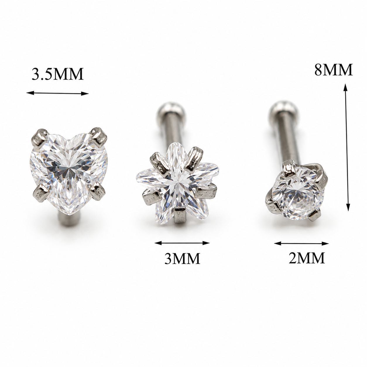 Set of 3 CZ Nose Studs 20g