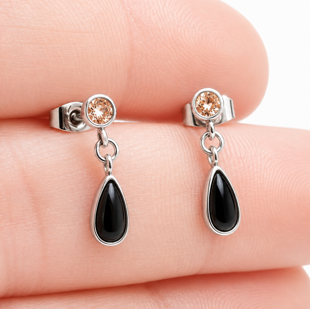 Implant grade Titanium Natural Onyx/ CZ Champagne- Pair 20g Earrings
