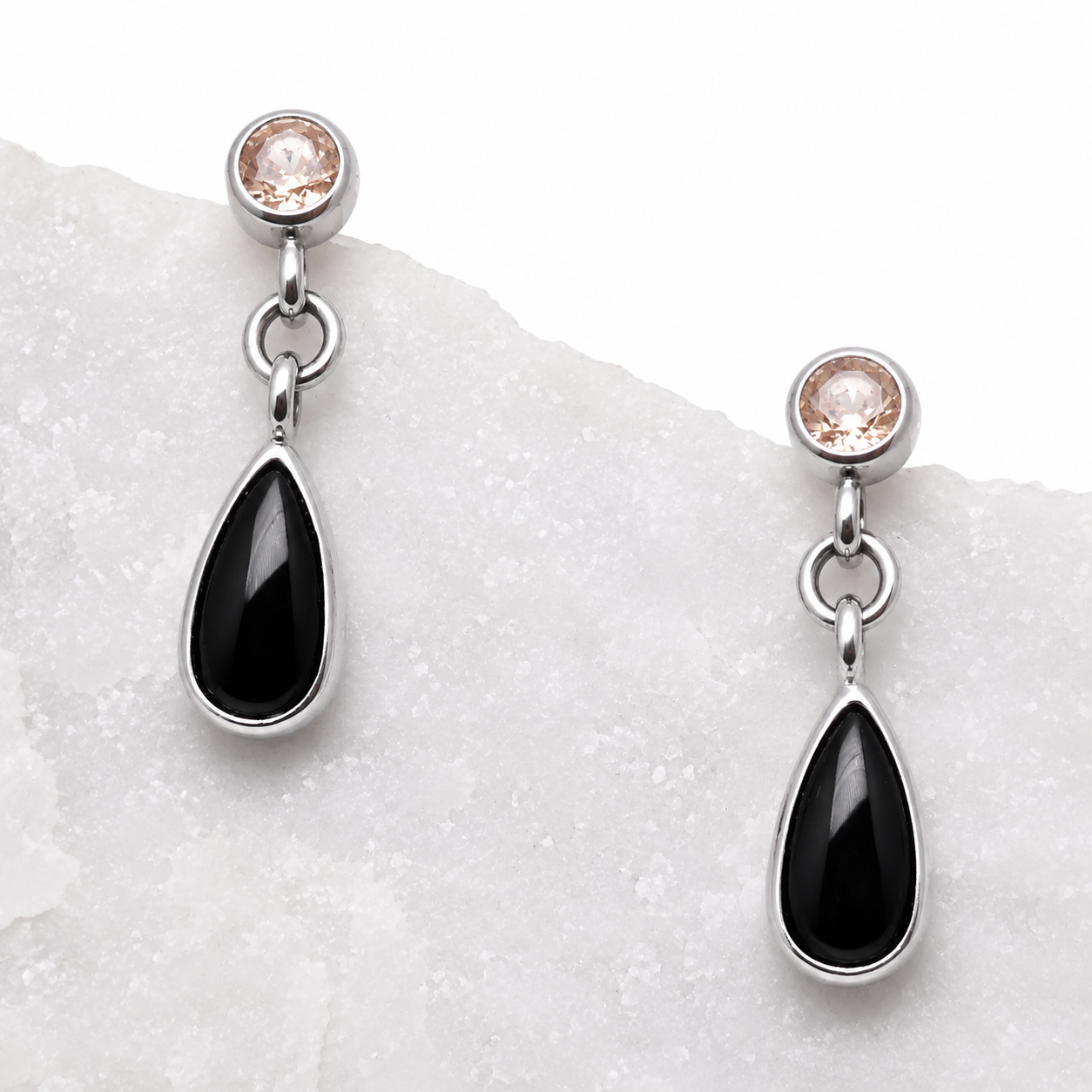 Implant grade Titanium Natural Onyx/ CZ Champagne- Pair 20g Earrings