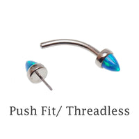 Colorful opal and titanium body jewelry with push fit curve design in 14g, 16g, and 18g sizes by Body Clickers.