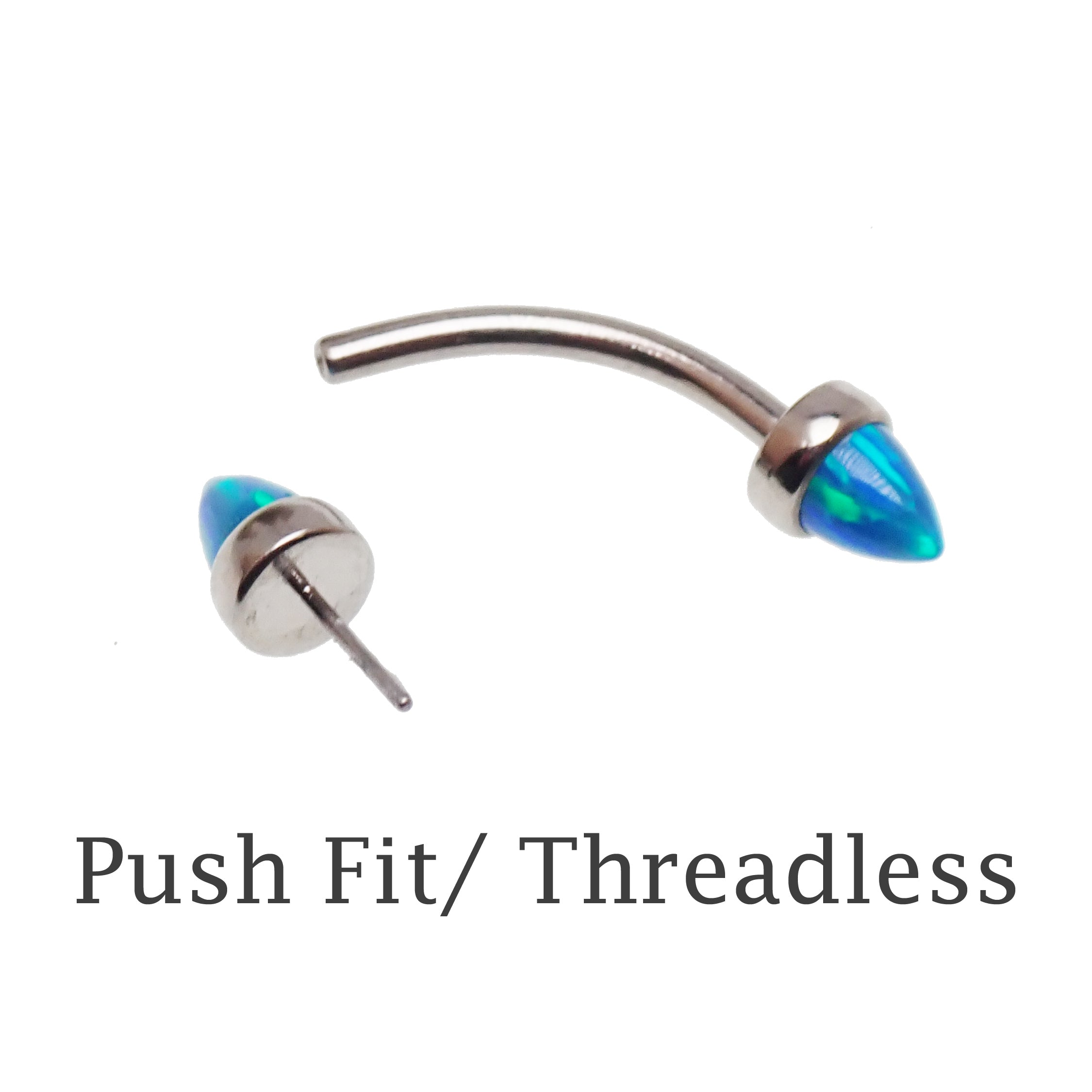 Colorful opal and titanium body jewelry with push fit curve design in 14g, 16g, and 18g sizes by Body Clickers.